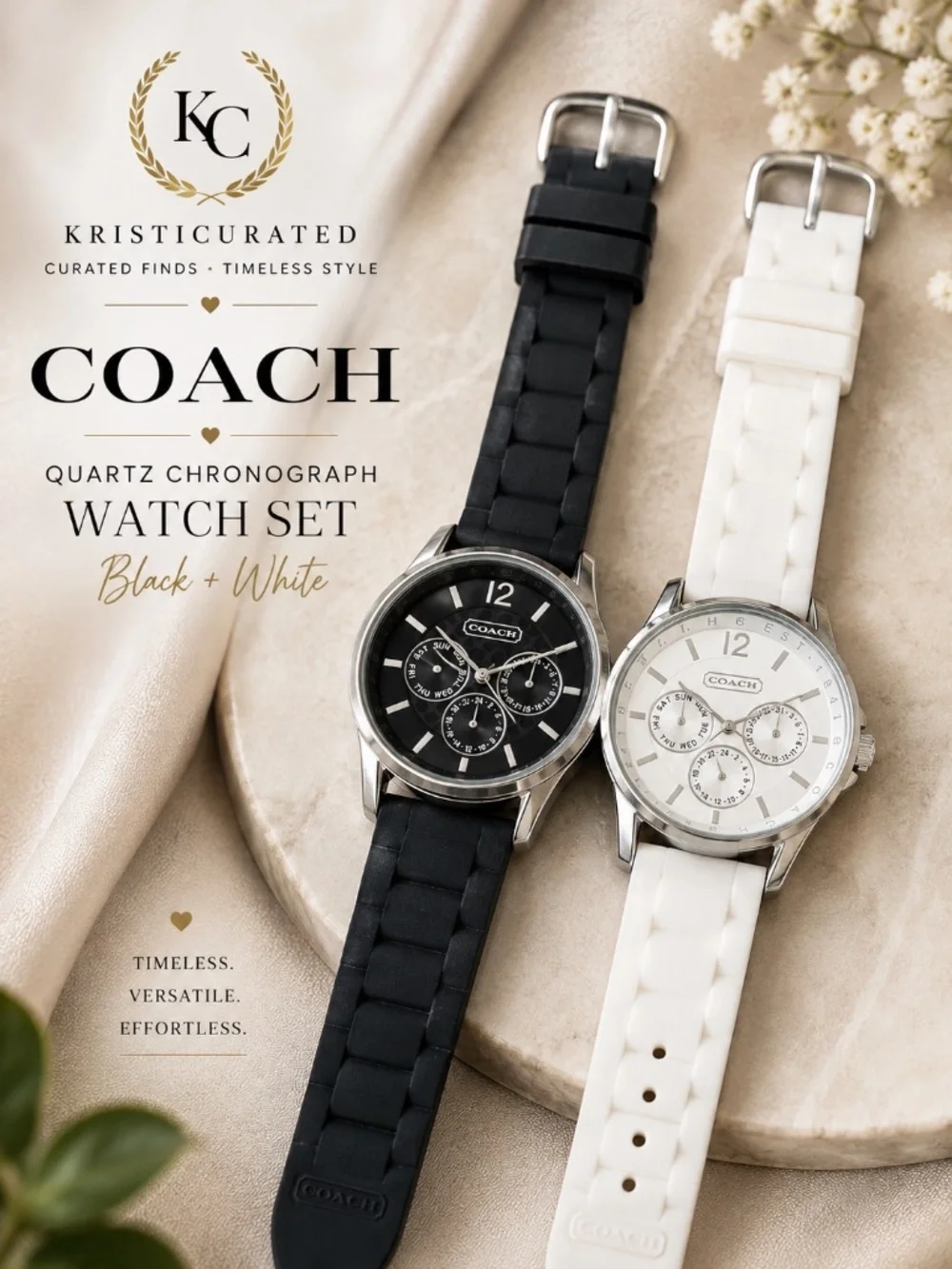 COACH Chronograph Watch Set Black White Rubber Strap 2010s